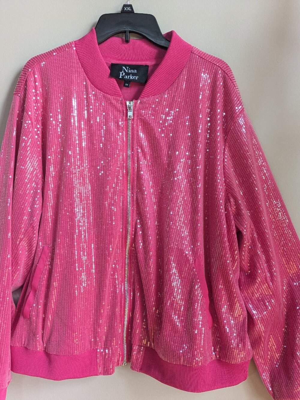 nina parker womens pink sequin bomber jacket size 2X #390